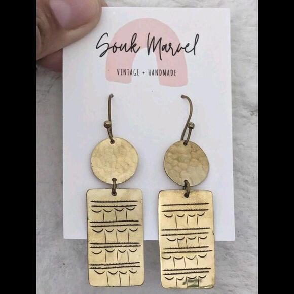 Handmade In Morocco Artisan Etched Brass Rectangle Geometric Dangle Earrings - Picture 3 of 3